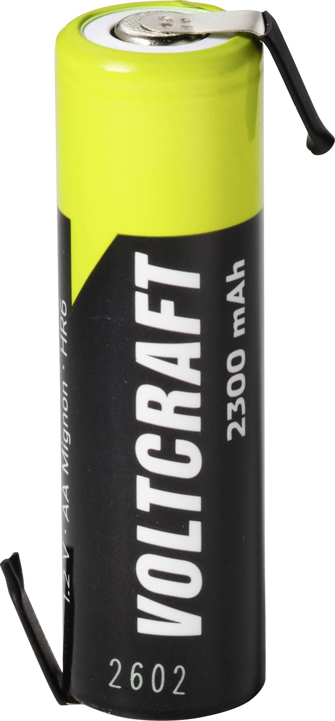 Yellow and black Volcraft 2602 AA battery labeled '2300 mAh' with bent metal tabs attached at top and bottom.