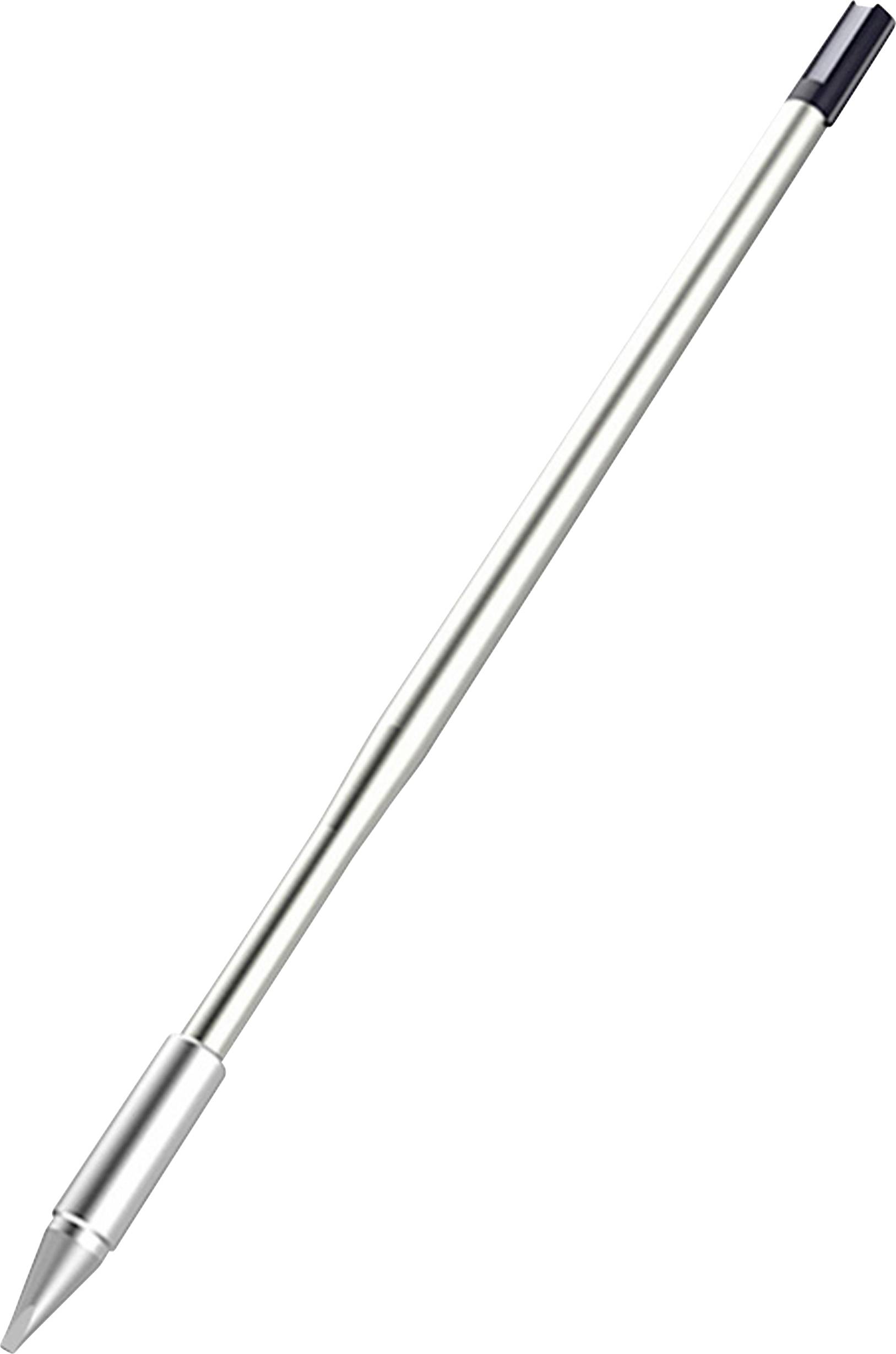 A metallic spear tip with a black section at the opposite end, displaying a sleek and pointed design.