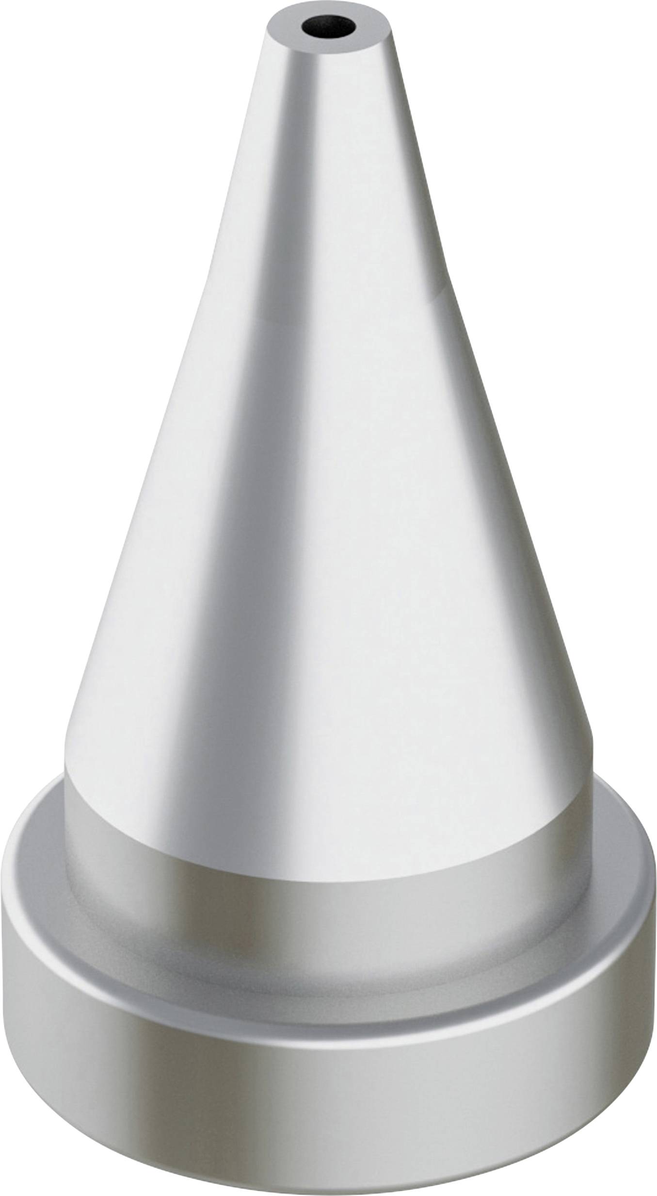 A metallic conical nozzle with a narrow opening at the top, used in machinery or equipment for directing flow or discharge.
