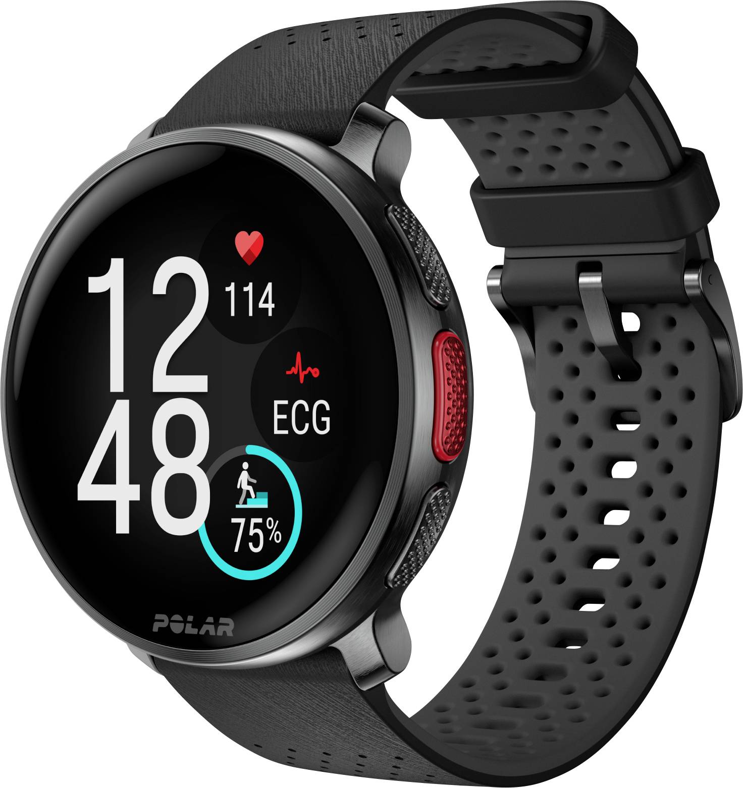 A black smartwatch displaying time '12:48', heart rate '114', ECG symbol, and activity with progress at 75%.