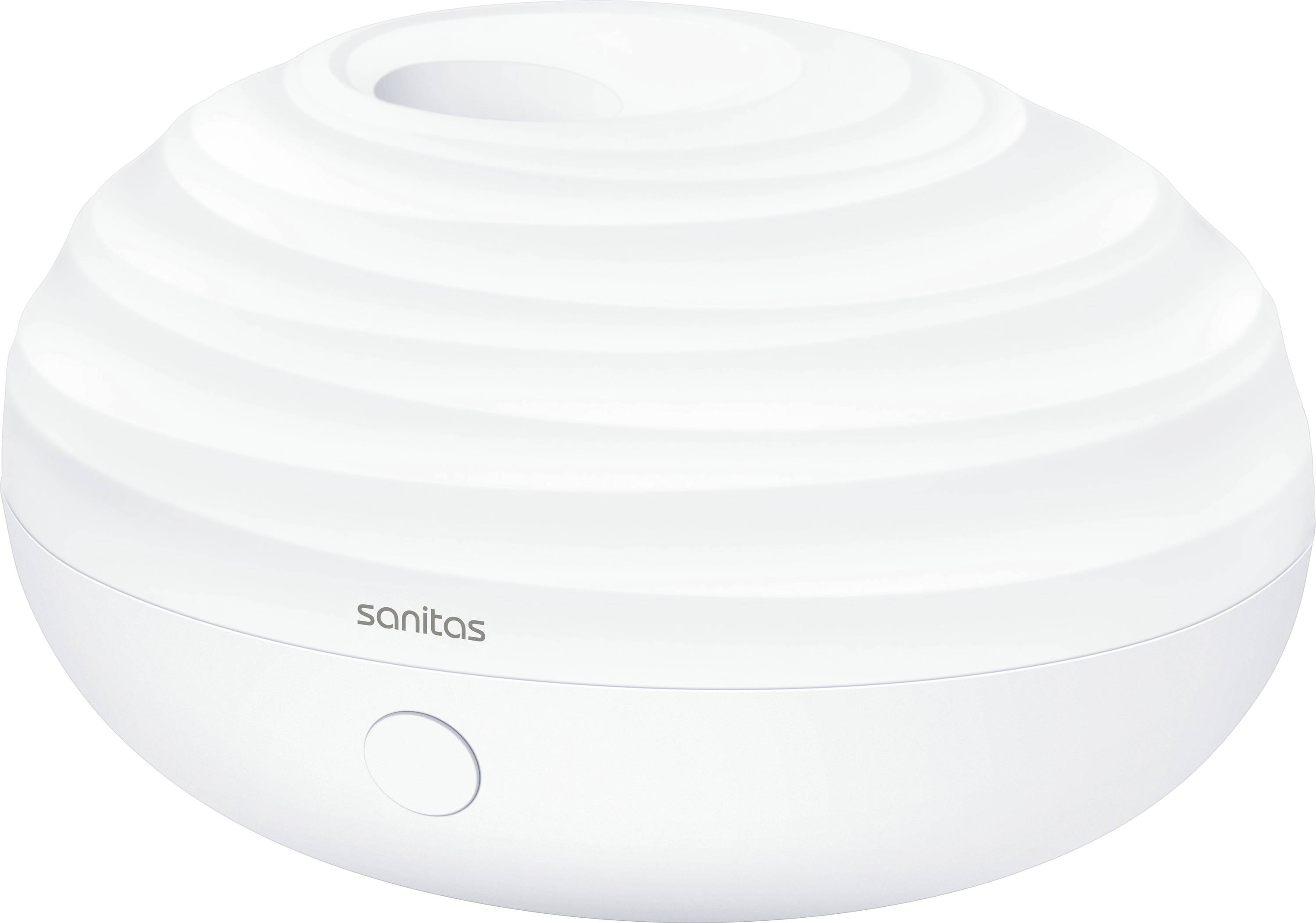 A white, round humidifier with a spiraled top and branded 'sanitas', featuring a circular button on the side.