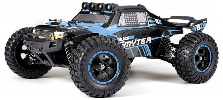 A blue and black remote-controlled off-road truck with large rugged tires. The truck features branding with the word 'Pioneer' on the side.