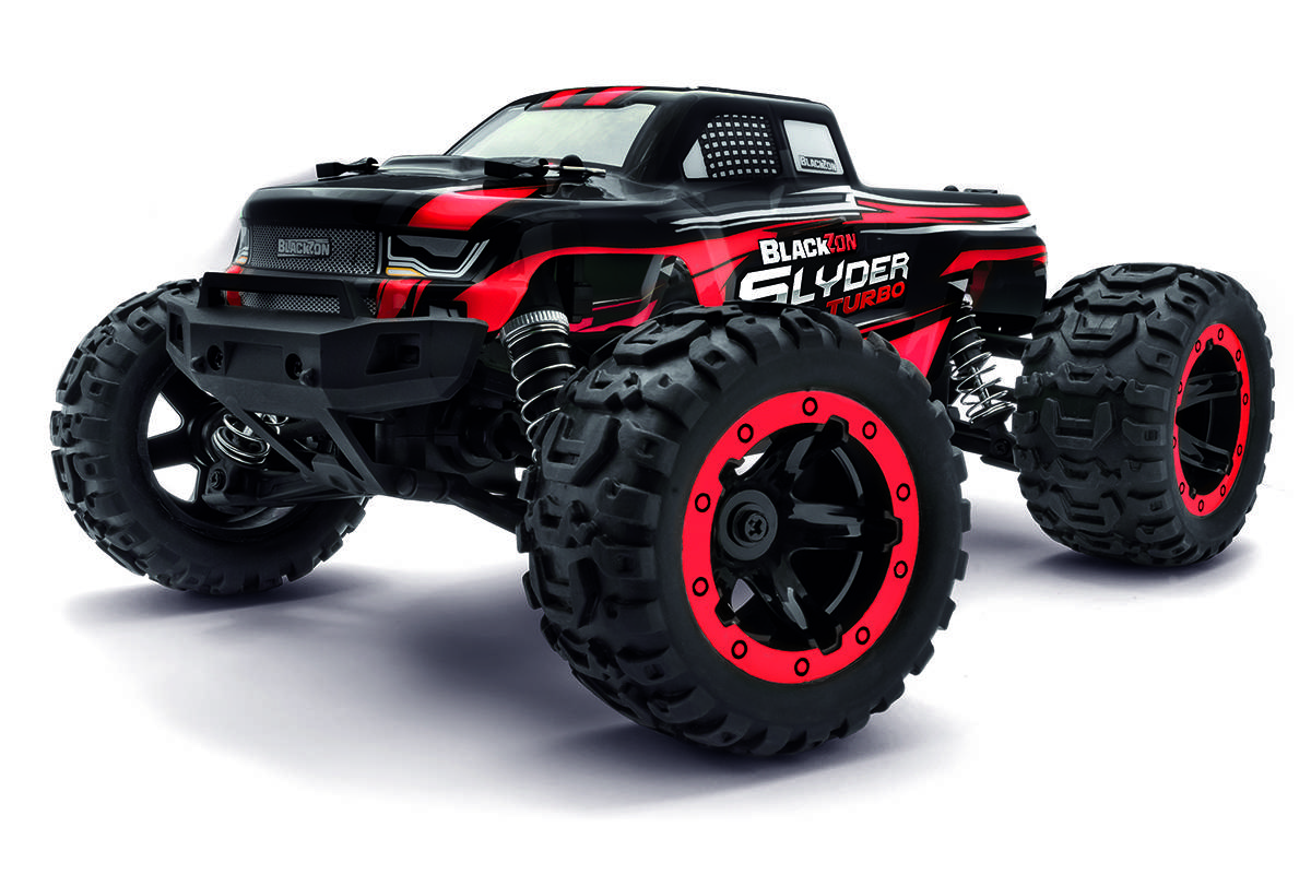 A remote-controlled monster truck with large tires and a black and red design, labeled 'Blackzon Slider Turbo'.
