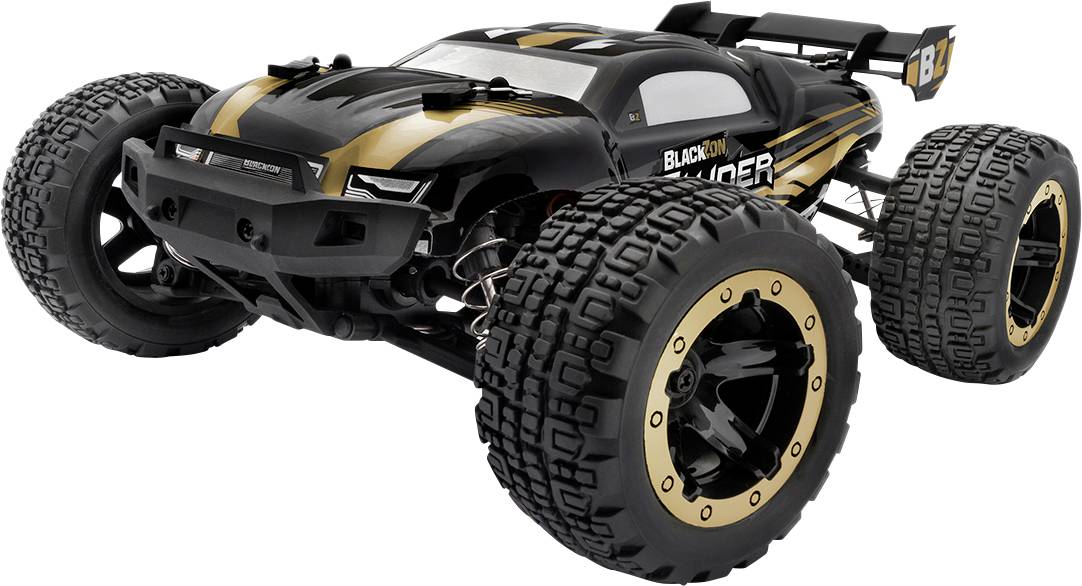 A black and gold remote-controlled car with large tires designed for rugged terrain, showcasing its robust build and sporty design.