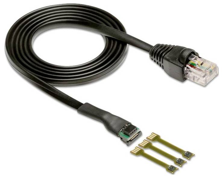 A black network cable with an RJ45 connector and three separate microchip attachments, used for data transfer in electronic devices.