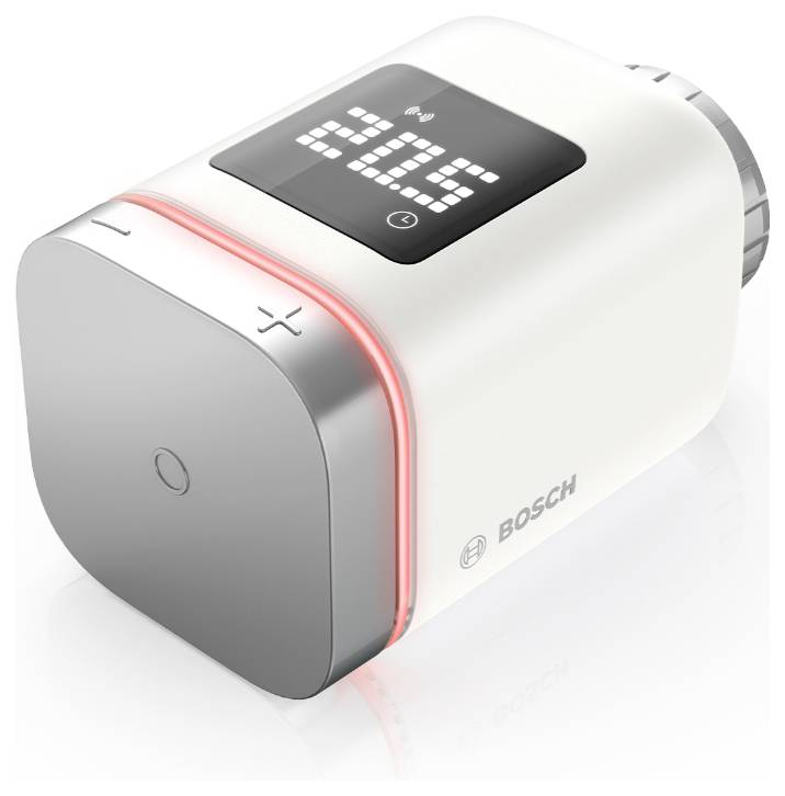 Smart thermostat with a digital display showing '20.5°C'. Features temperature control buttons and a branded exterior.