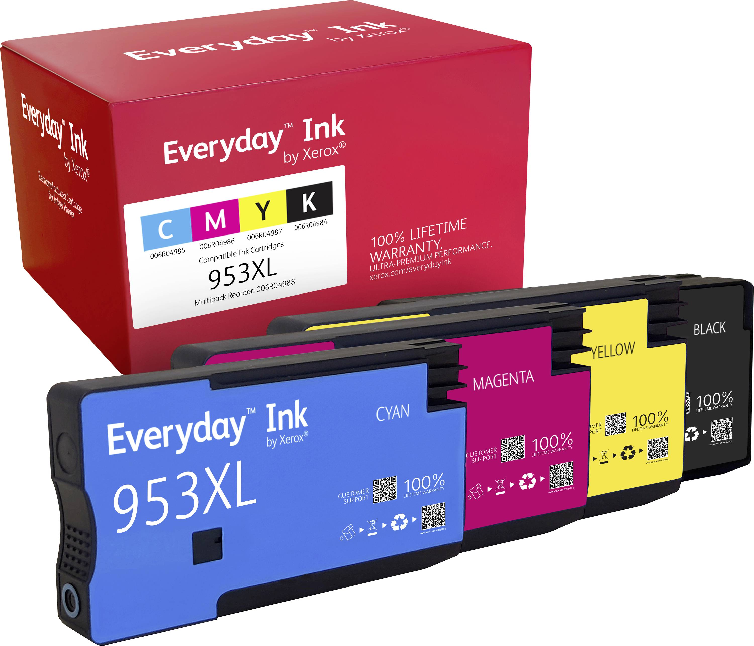 'Everyday Ink by Xerox' packaging with cyan, magenta, yellow, and black ink cartridges displayed. The box highlights a 100% lifetime warranty.