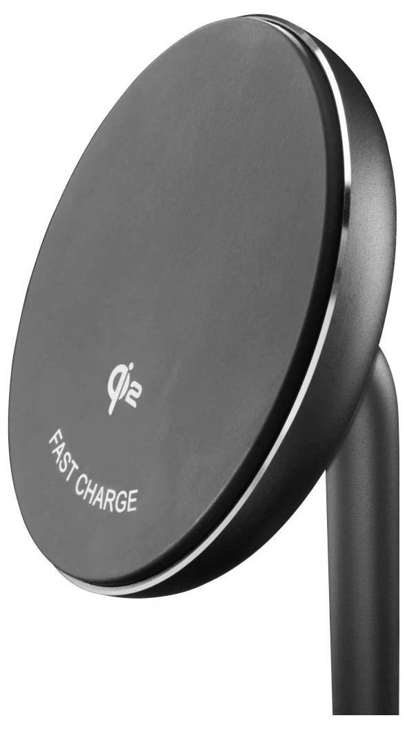 A black wireless charging pad is shown, featuring a sleek design with 'qi 2' and 'FAST CHARGE' printed on the front, angled on a stand.
