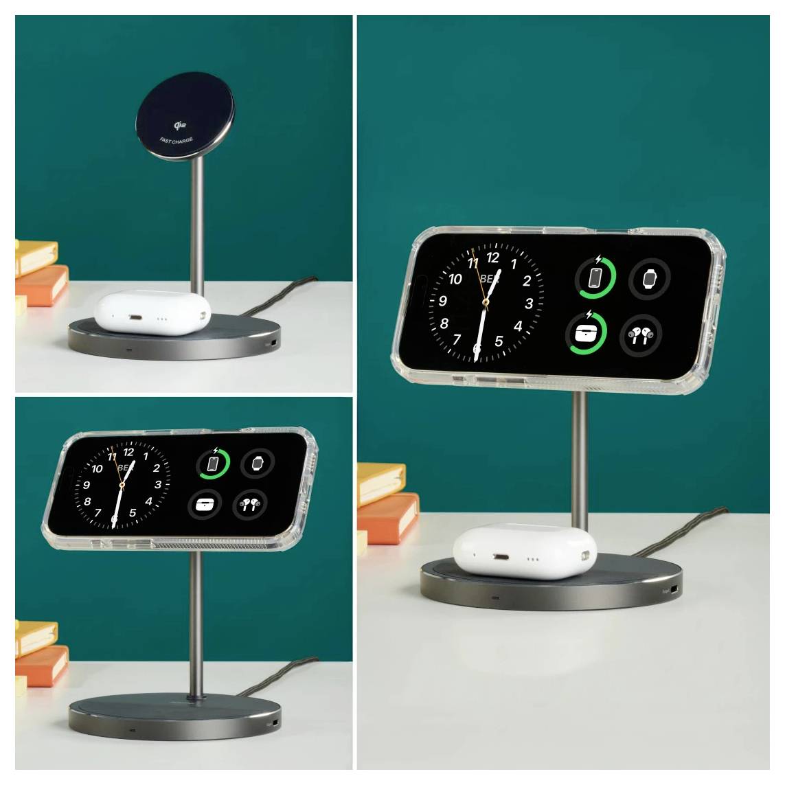 A phone is horizontally mounted on a stand with a digital clock display, showing time and charging status, next to a charging pad.