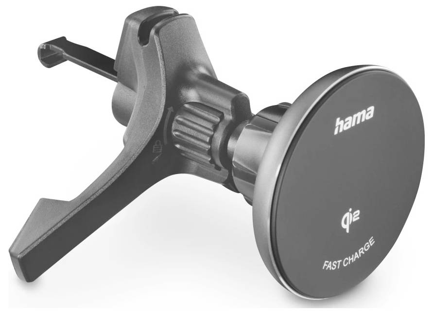 A car vent mount wireless charger with 'hama' and 'qi2 FAST CHARGE' labels, designed for quick charging mobile devices.