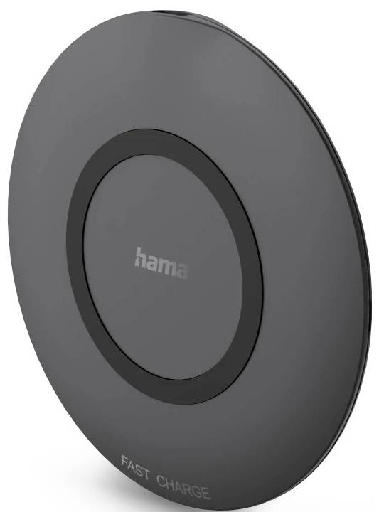 A round black wireless charging pad labeled 'Hama' in the center and 'Fast Charge' at the bottom, against a white background.