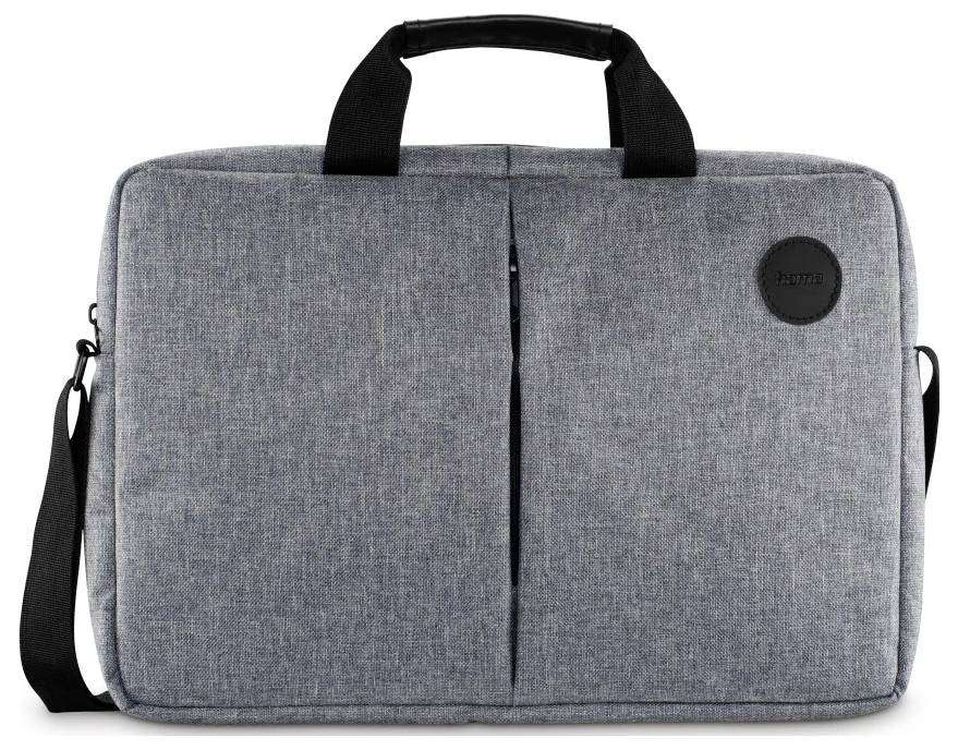 A gray fabric laptop bag with a shoulder strap and two handles, featuring a round black logo on the upper right corner.