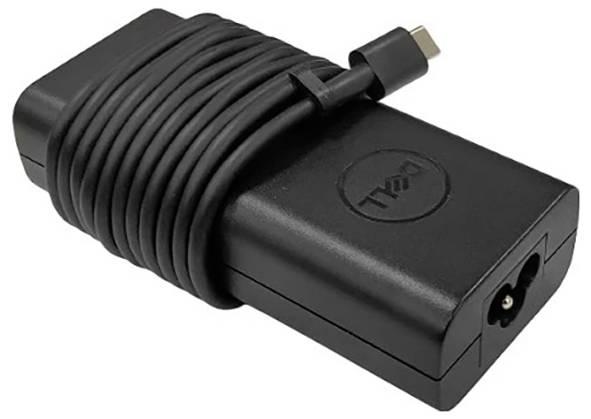 A coiled Dell laptop charger with a USB-C connector, designed for efficient storage and easy transport.