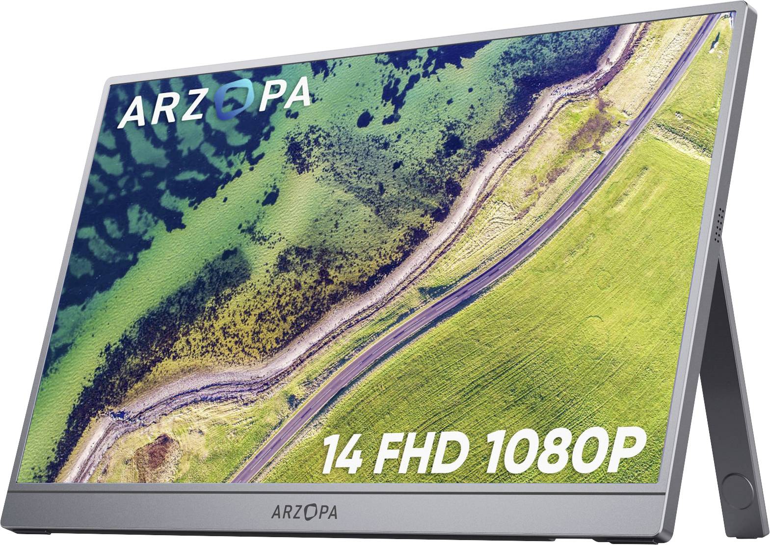 A portable monitor displaying an aerial view of a coastal landscape with fields and a road. The screen reads 'ARZOPA 14 FHD 1080P'.