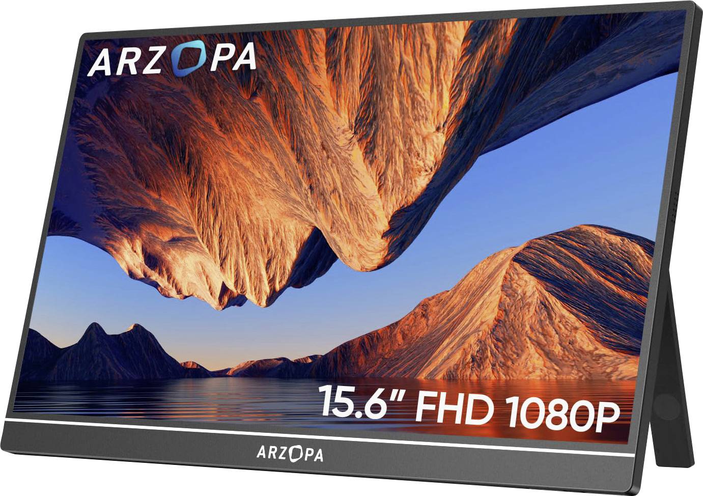 Portable monitor displaying a scenic, vibrant landscape of rocky mountains with an orange hue against a blue sky. Text reads '15.6