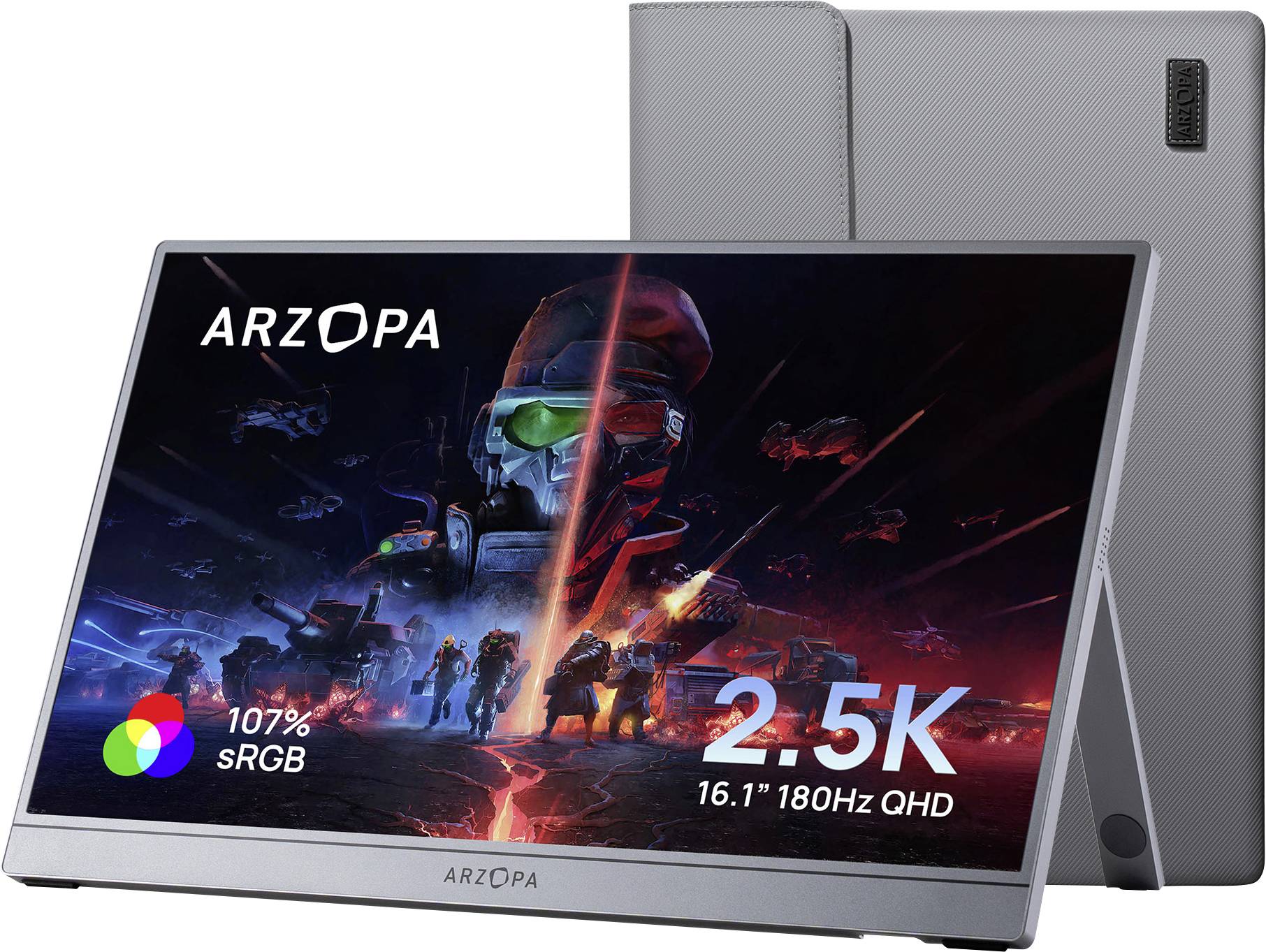 'ARZOPA' portable monitor with a 16.1-inch 2.5K QHD display, 180Hz refresh rate, 107% sRGB color gamut, showing a sci-fi graphic.
