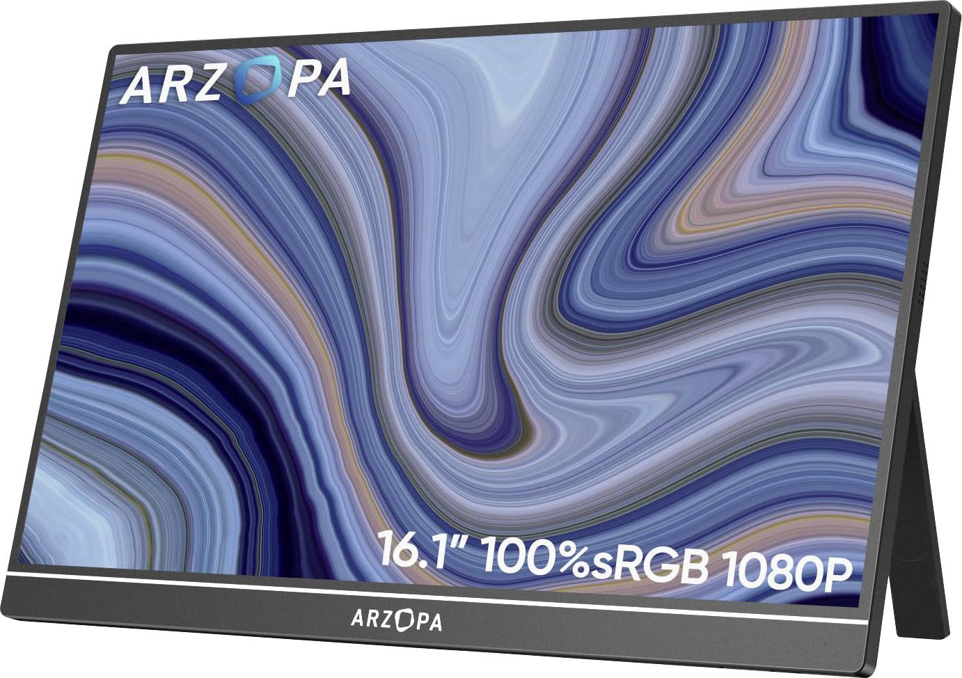 Portable monitor with a swirling blue and brown abstract background, labeled 'ARZOPA' on frame, features '16.1'' 100%sRGB 1080P'.
