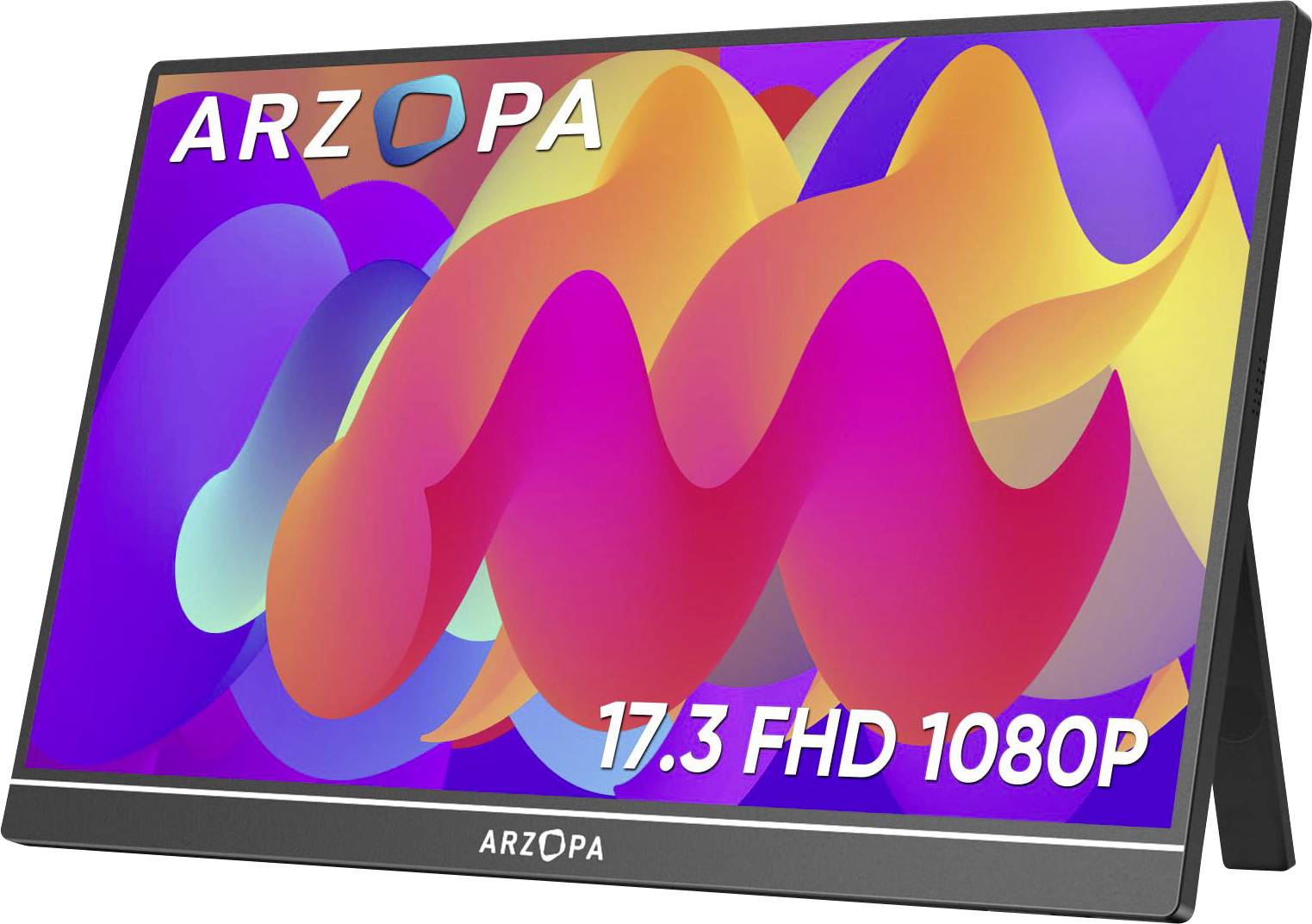 A portable monitor with a colorful abstract display, labeled 'ARZOPA 17.3 FHD 1080P', featuring a sleek design with a stand.