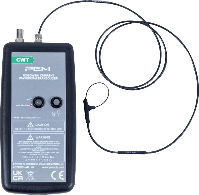 Rogowski current waveform transducer with a coiled sensor wire. LEDs and labeled buttons for operation and cautionary information on the device.