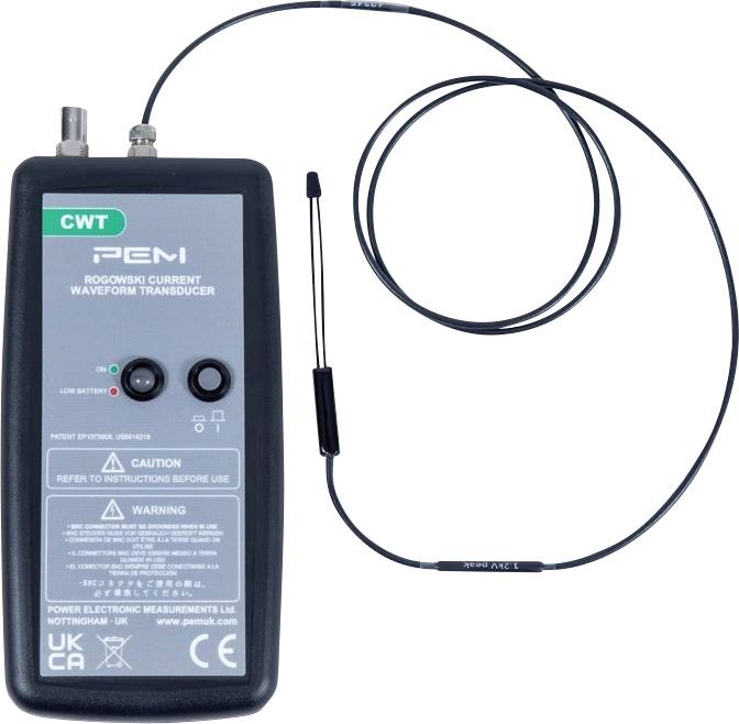 A handheld Rogowski current waveform transducer by PEM, featuring buttons for low and gain settings, and a long wire sensor.