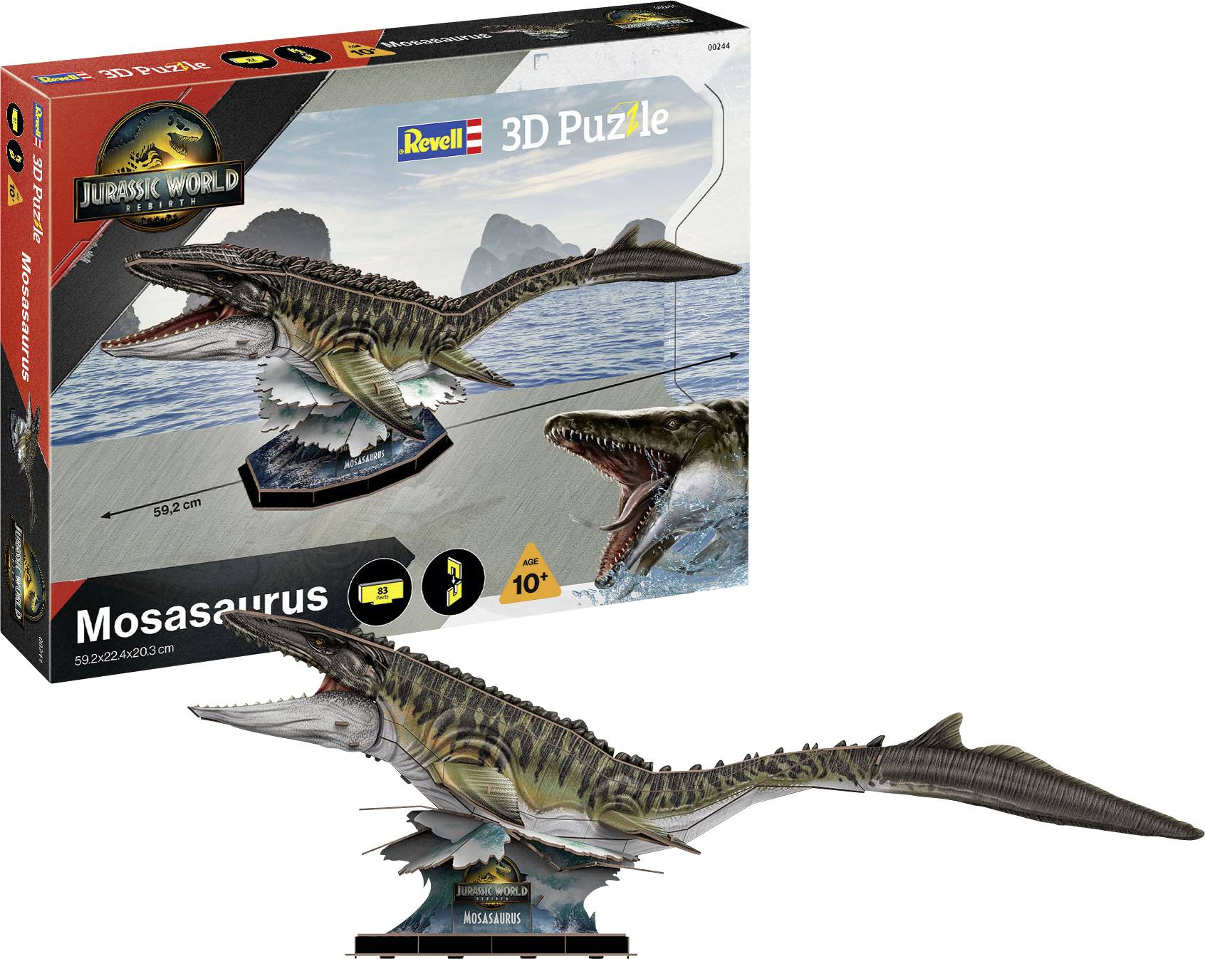 Box of a 'Jurassic World 3D Puzzle' featuring a Mosasaurus model, with an image of the completed dinosaur figurine displayed in front.