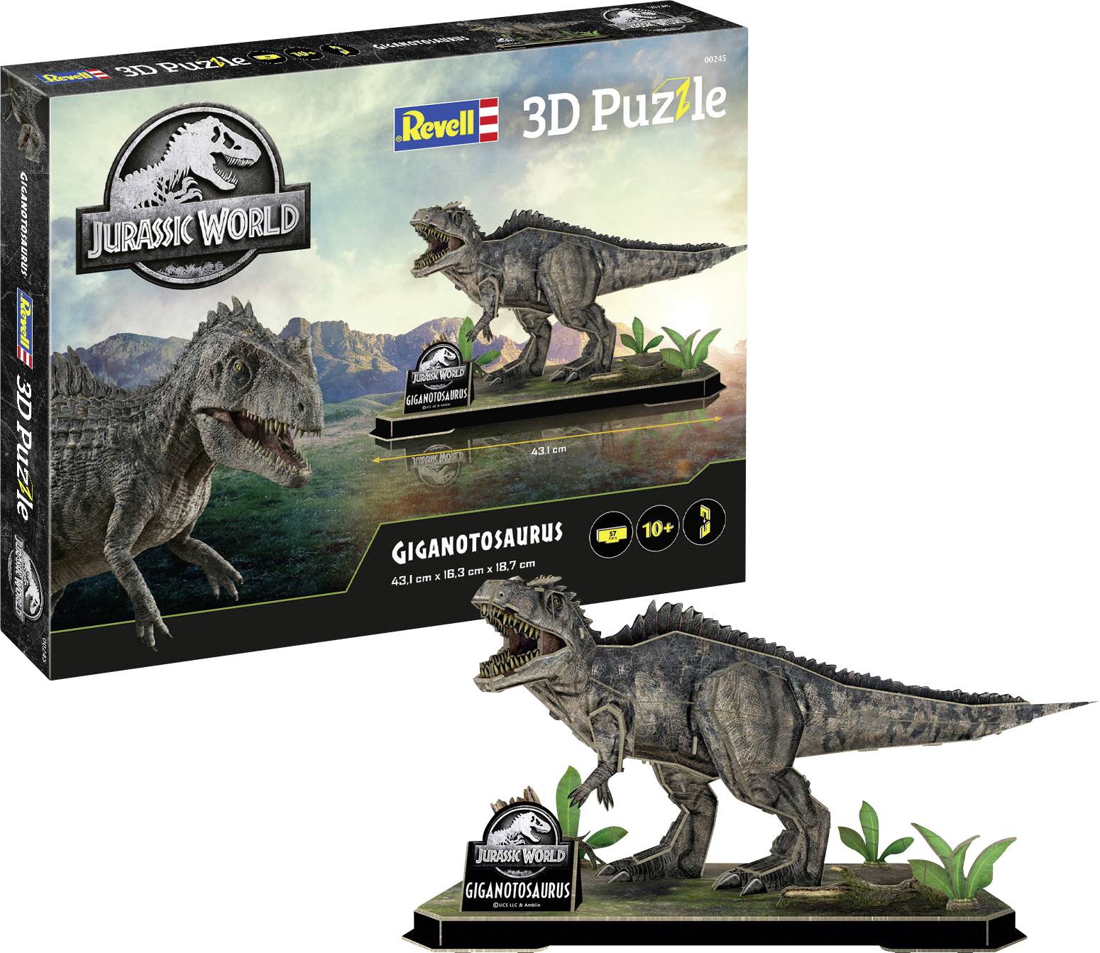 'Jurassic World 3D Puzzle' box shows a Giganotosaurus model, detailed landscape background; suitable for ages 10 and up.