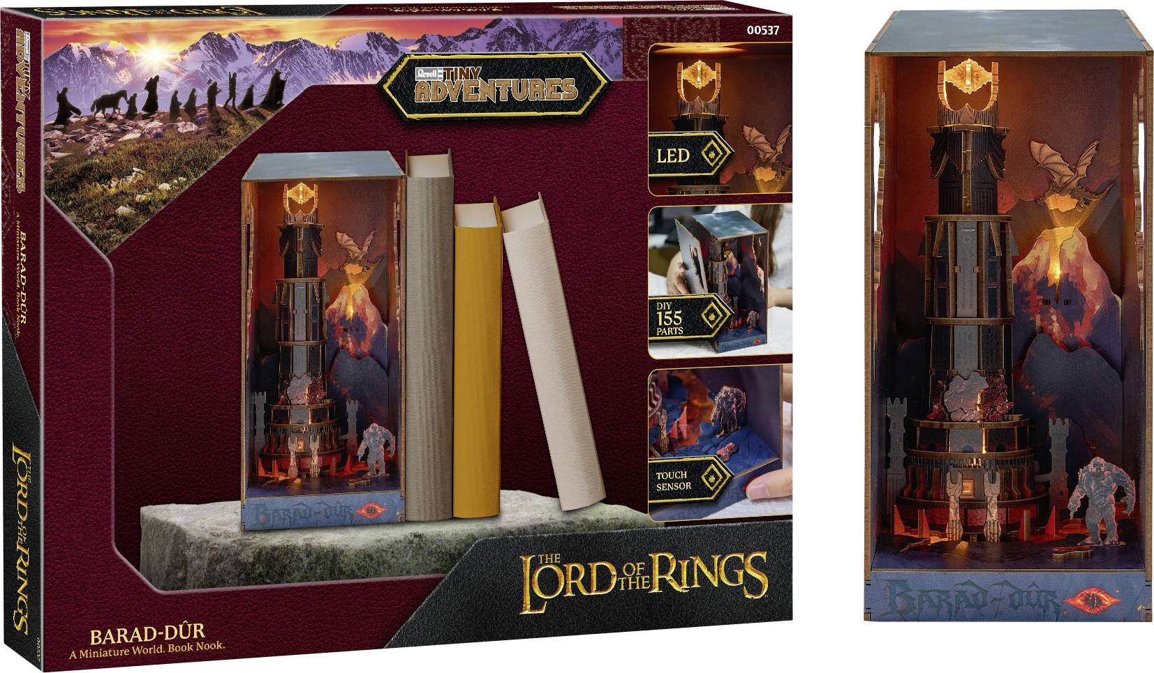 'The Lord of the Rings' themed mini-world book nook with light-up Barad-dûr tower. Includes LED lighting and figures.