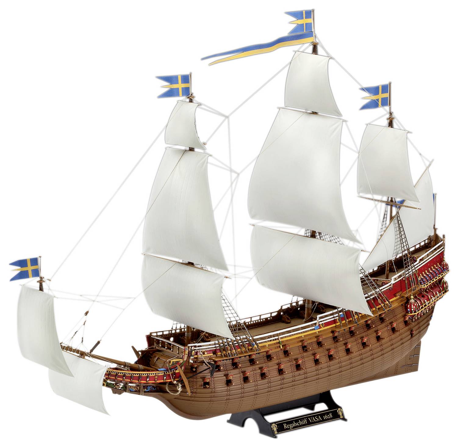 A detailed model of the Vasa, a 17th-century Swedish warship, with multiple sails and Swedish flags, displayed on a stand.