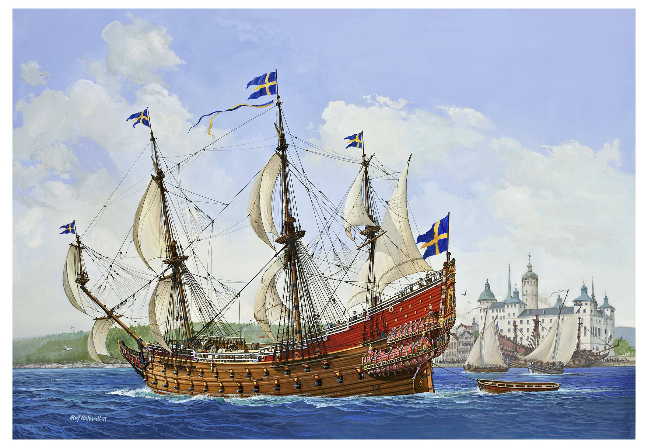 A majestic wooden sailing ship with Swedish flags on a calm sea near a castle-like fort, featuring tall masts and intricate rigging.