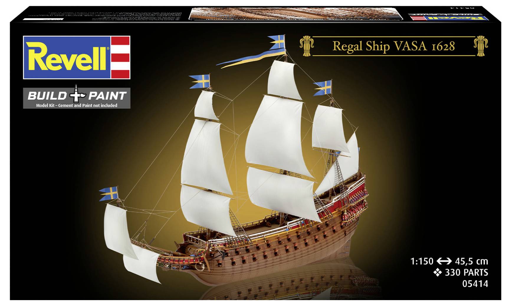 'Revell Regal Ship VASA 1628' model kit box depicting the ship with white sails and Swedish flags, scale 1:150, 330 parts.
