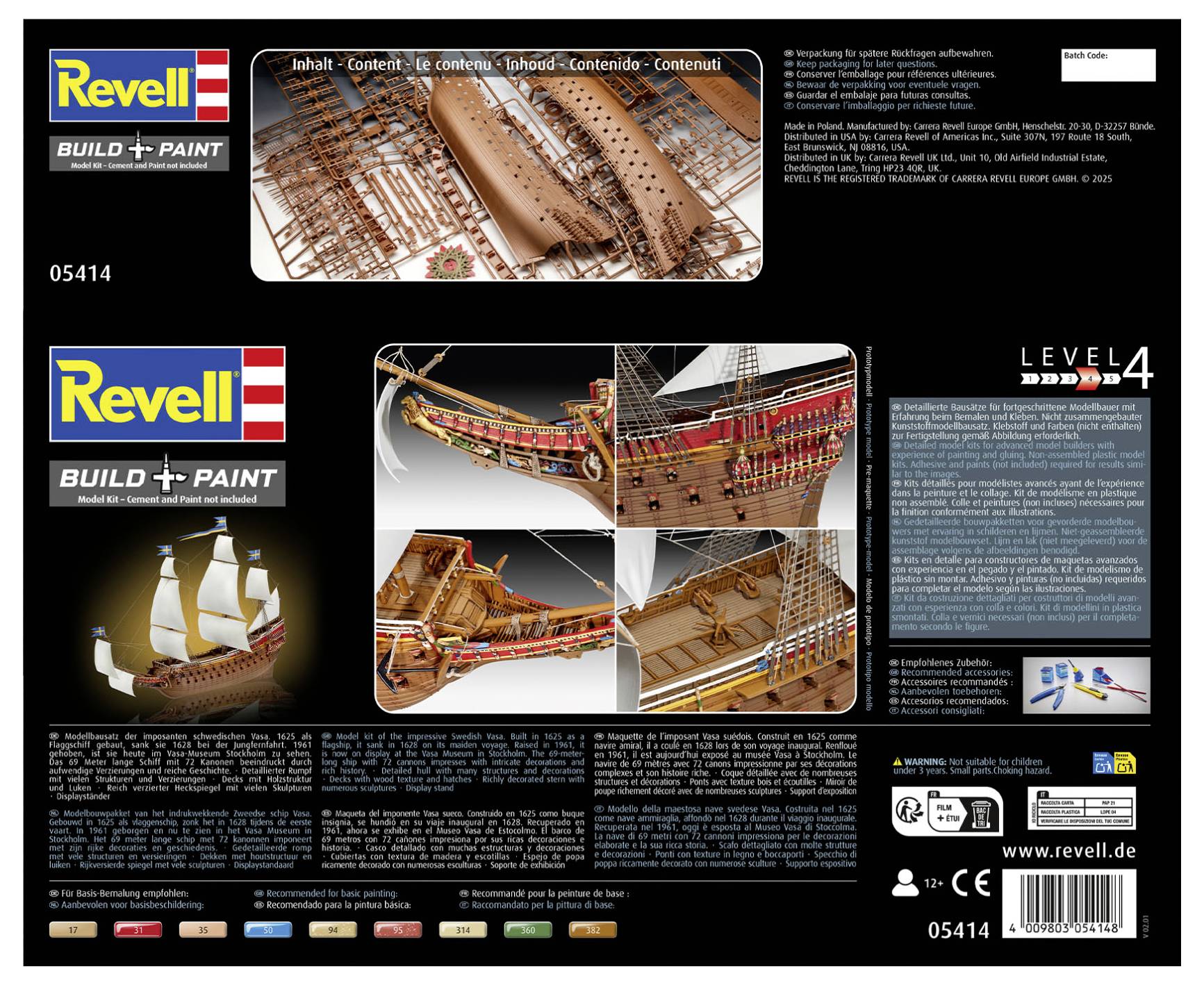 'Revell Build + Paint' model kit box, featuring three detailed ship assembly images, a side view of a completed ship, and product details.