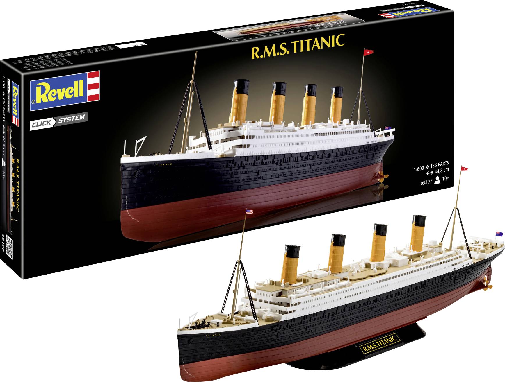 A model kit box showing a detailed replica of the R.M.S. Titanic ship with white upper decks, four funnels, and a black and red hull.