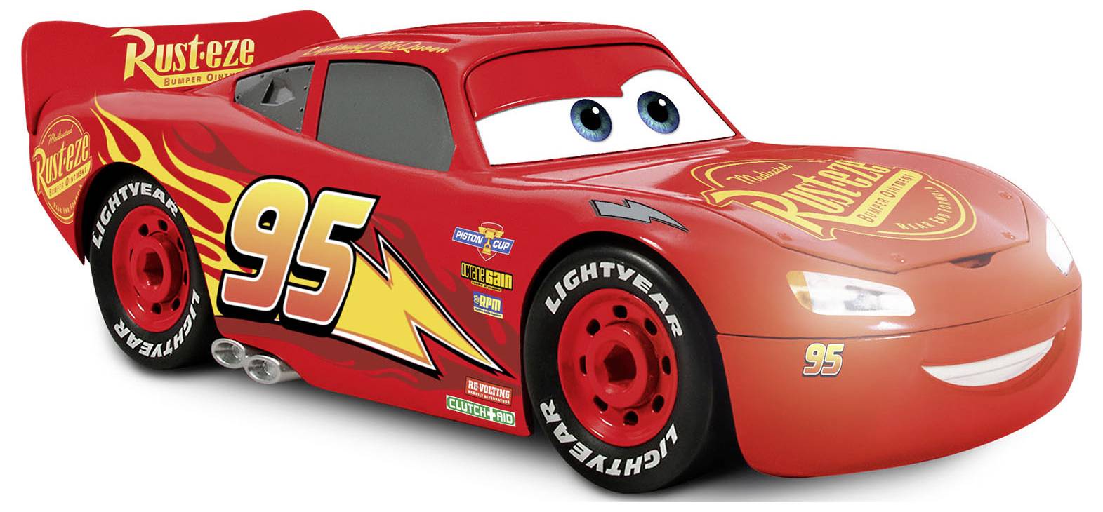 A red animated race car with number 95, large eyes on windshield, and sponsors' logos, including 'Rust-eze', on the body.