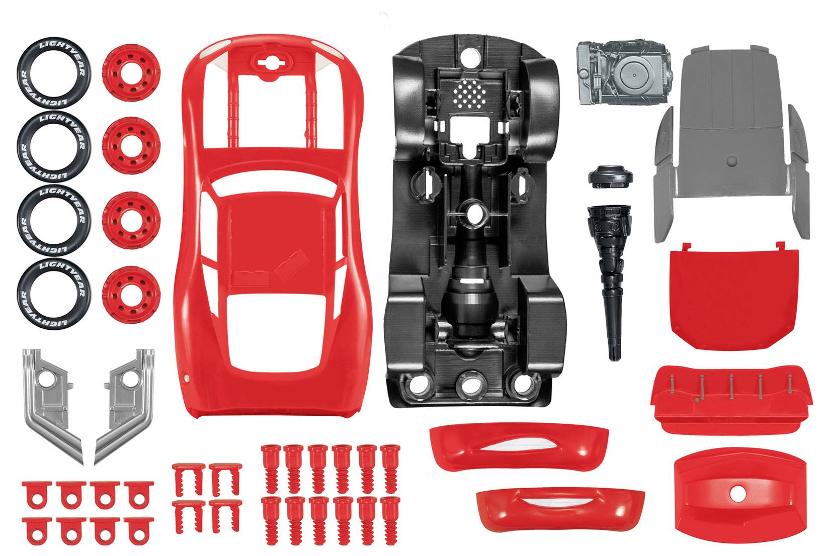 Red and black toy car kit with various parts including wheels, body, chassis, and screws, arranged neatly for assembly.