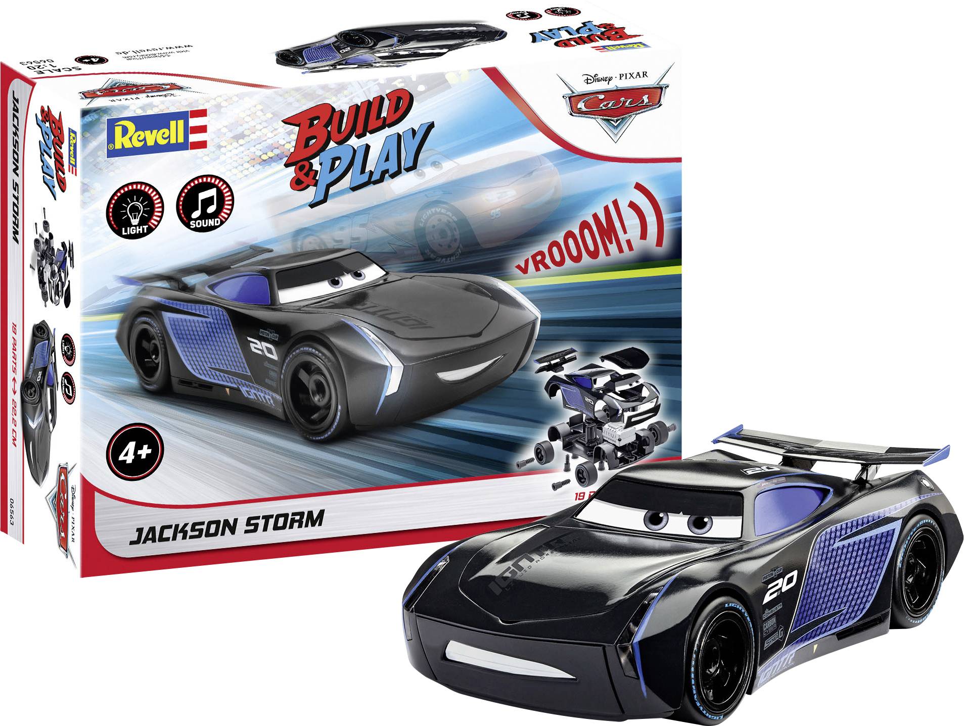 A black toy racing car from the movie 'Cars', next to its boxed package. The package shows the car's features and 'Build & Play' text.