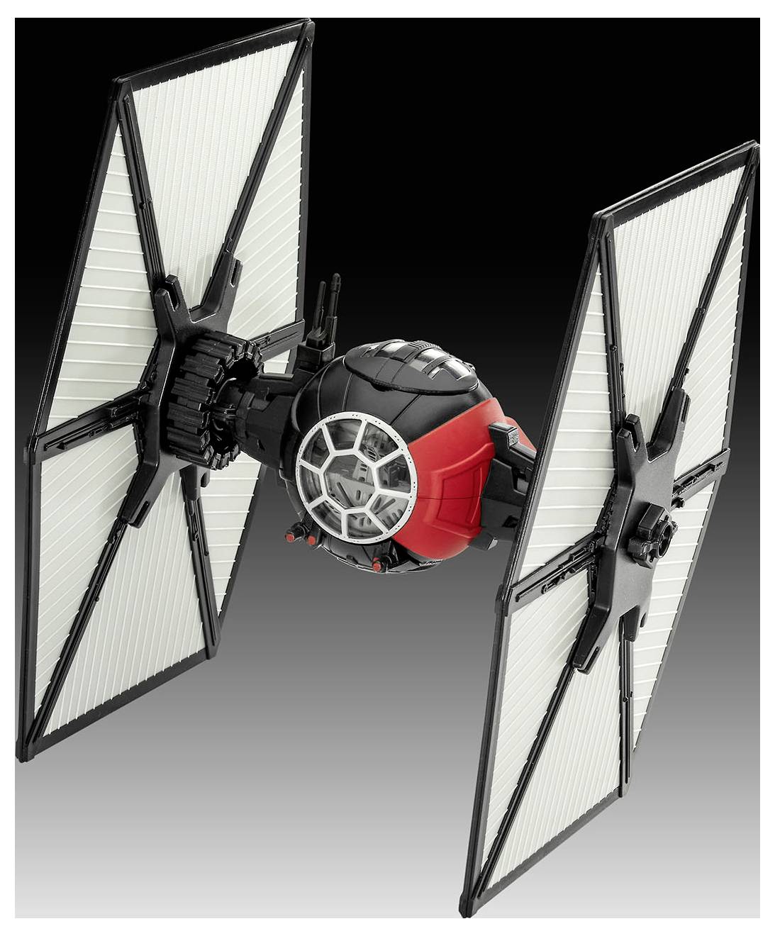 A TIE Fighter with distinctive double wings and a red front against a gradient background, highlighting its iconic design.