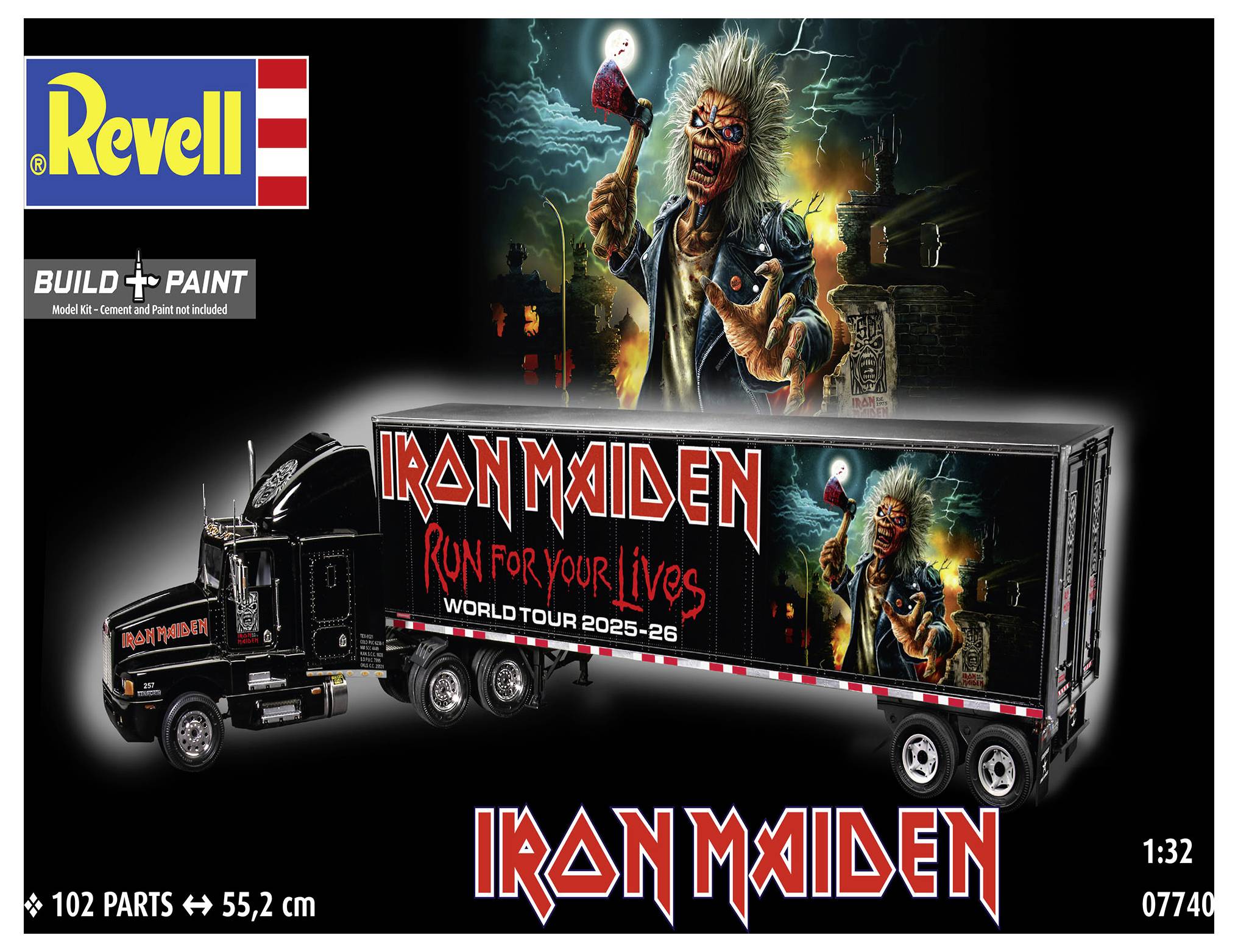 A model kit box featuring an Iron Maiden-themed truck, labeled 'Run for Your Lives' with World Tour 2025-26 and a band mascot illustration.