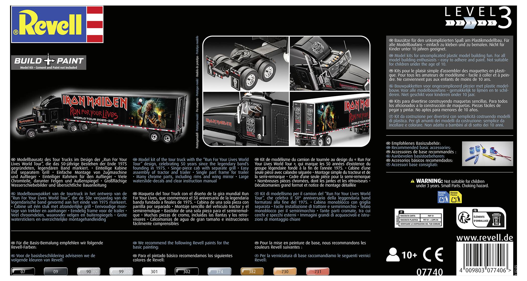Revell model kit box featuring an Iron Maiden-themed truck with detailed images of the truck design and assembly instructions.