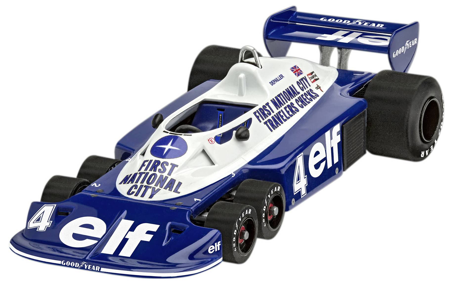 A six-wheeled blue and white race car labeled 'ELF' and 'FIRST NATIONAL CITY'. The car has large rear tires and branding on the side.