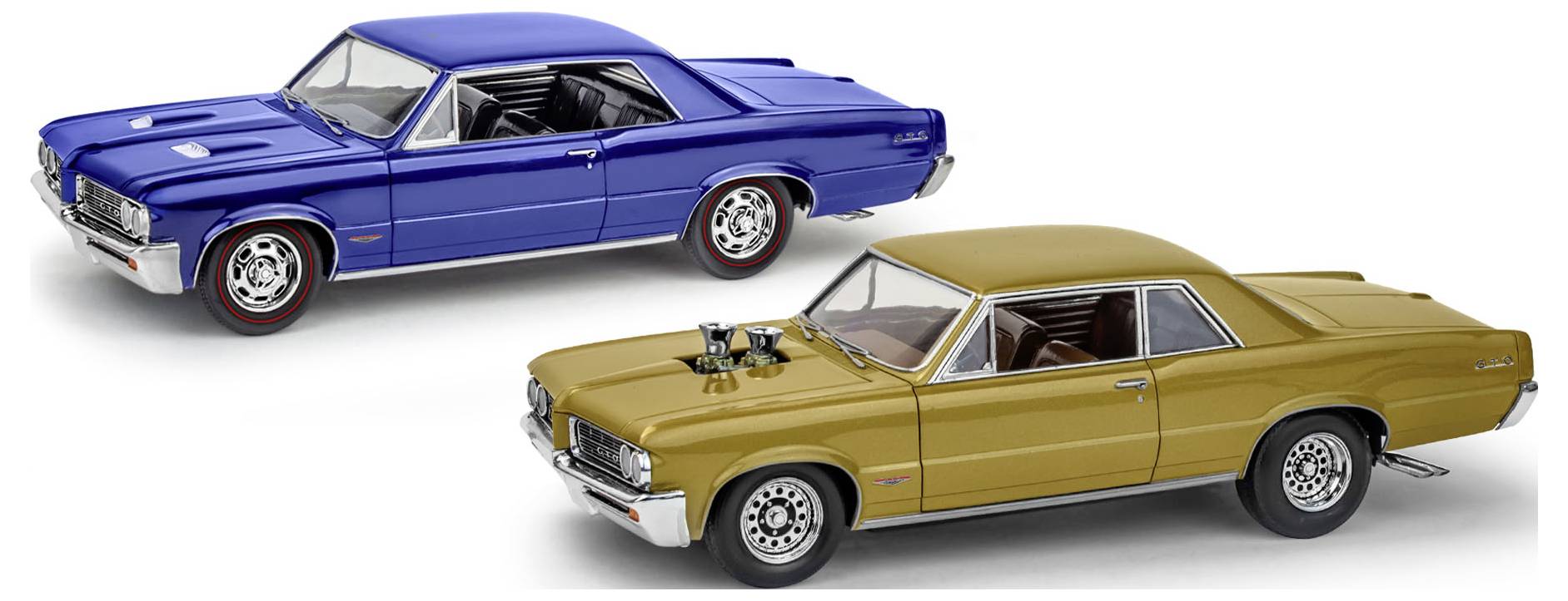 Two vintage muscle cars, one blue and one gold, are parked side by side. The blue car has a sleek design, and the gold car has a hood scoop.