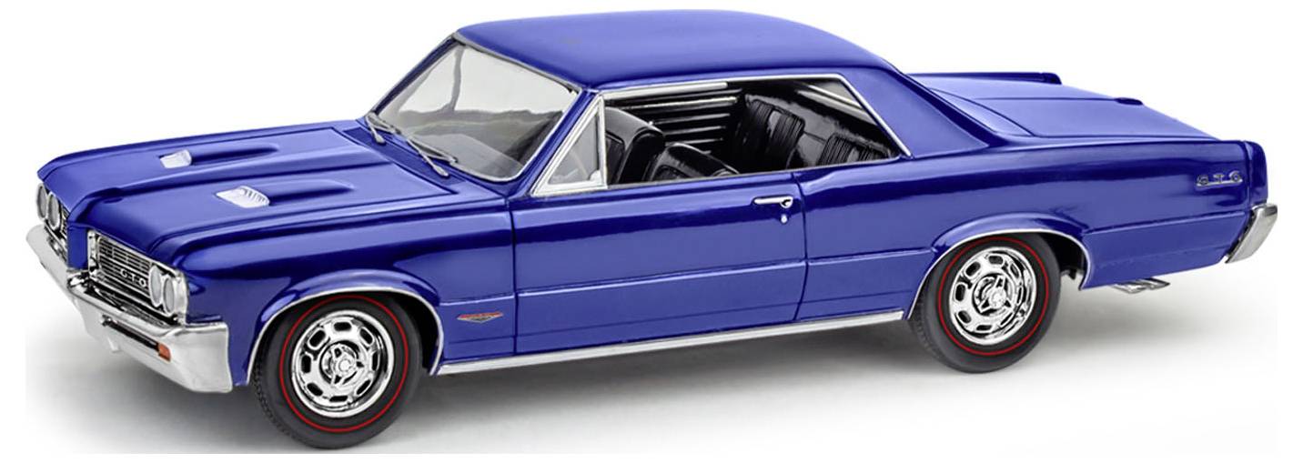 A classic blue muscle car with a hardtop roof, chrome accents, and red-line tires, displayed against a plain white background.