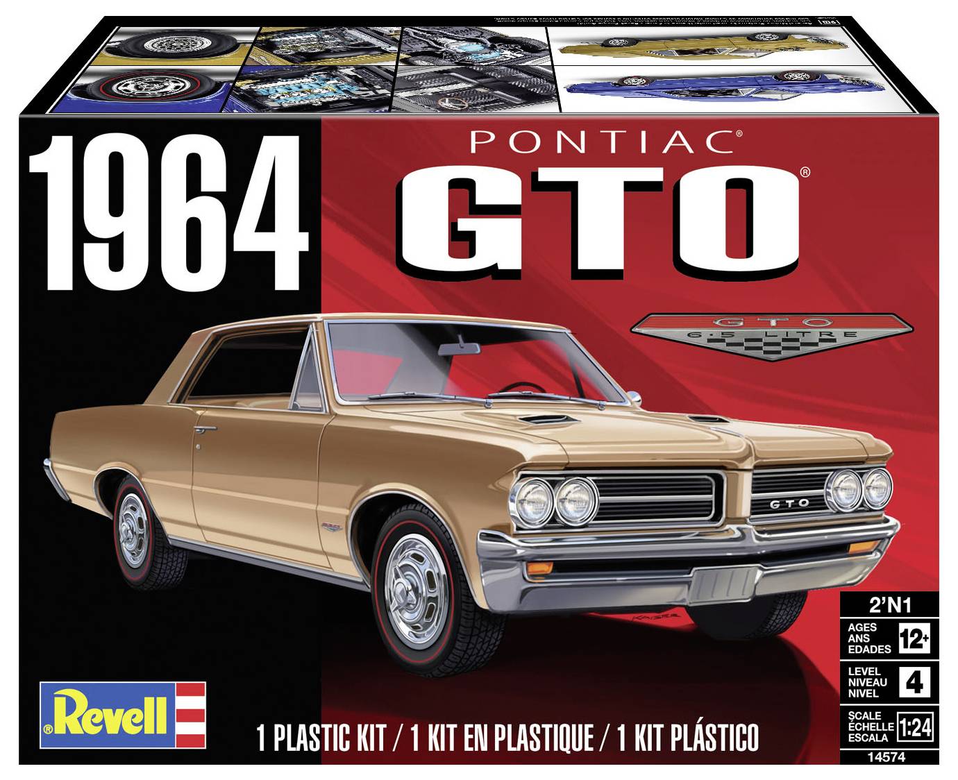 The image shows a box of a 1964 Pontiac GTO plastic model kit by Revell, featuring a brown GTO car illustration and details for ages 12+.