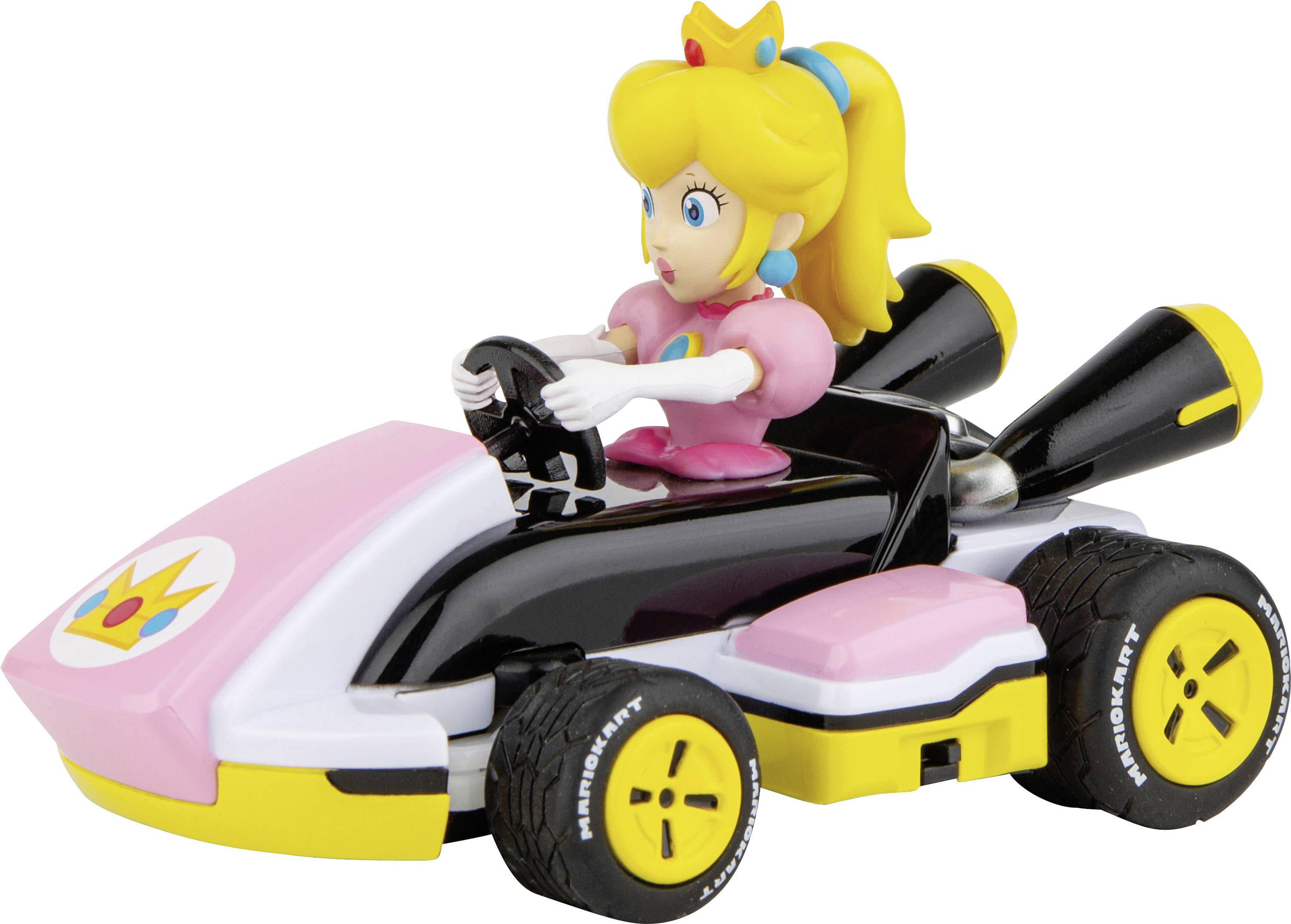 A toy car features a figure in a pink outfit driving a black and pink vehicle with yellow wheels, styled after a racing video game.