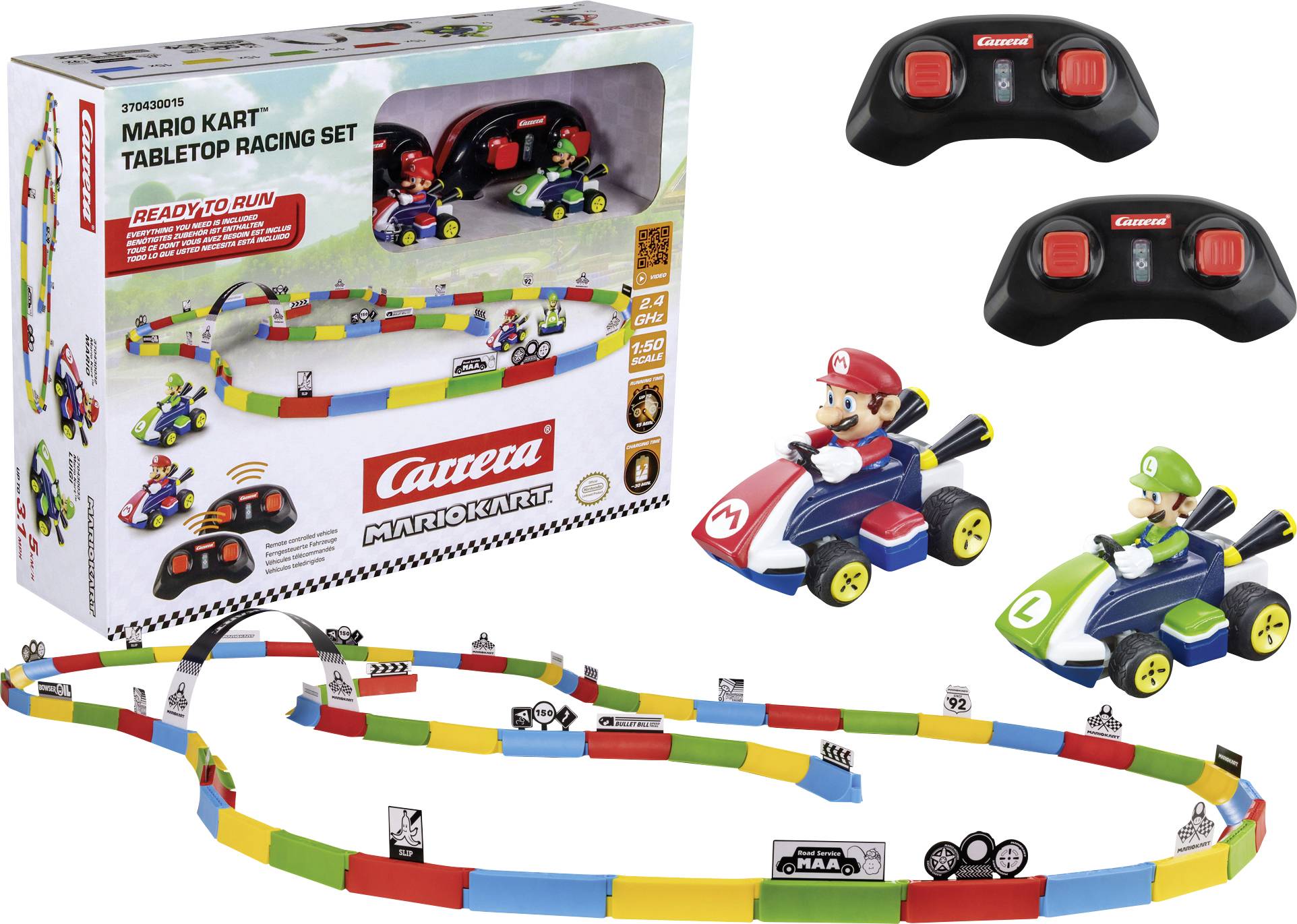 'Carrera Mario Kart Tabletop Racing Set' featuring two small cars of Mario and Luigi with controllers and a colorful track.