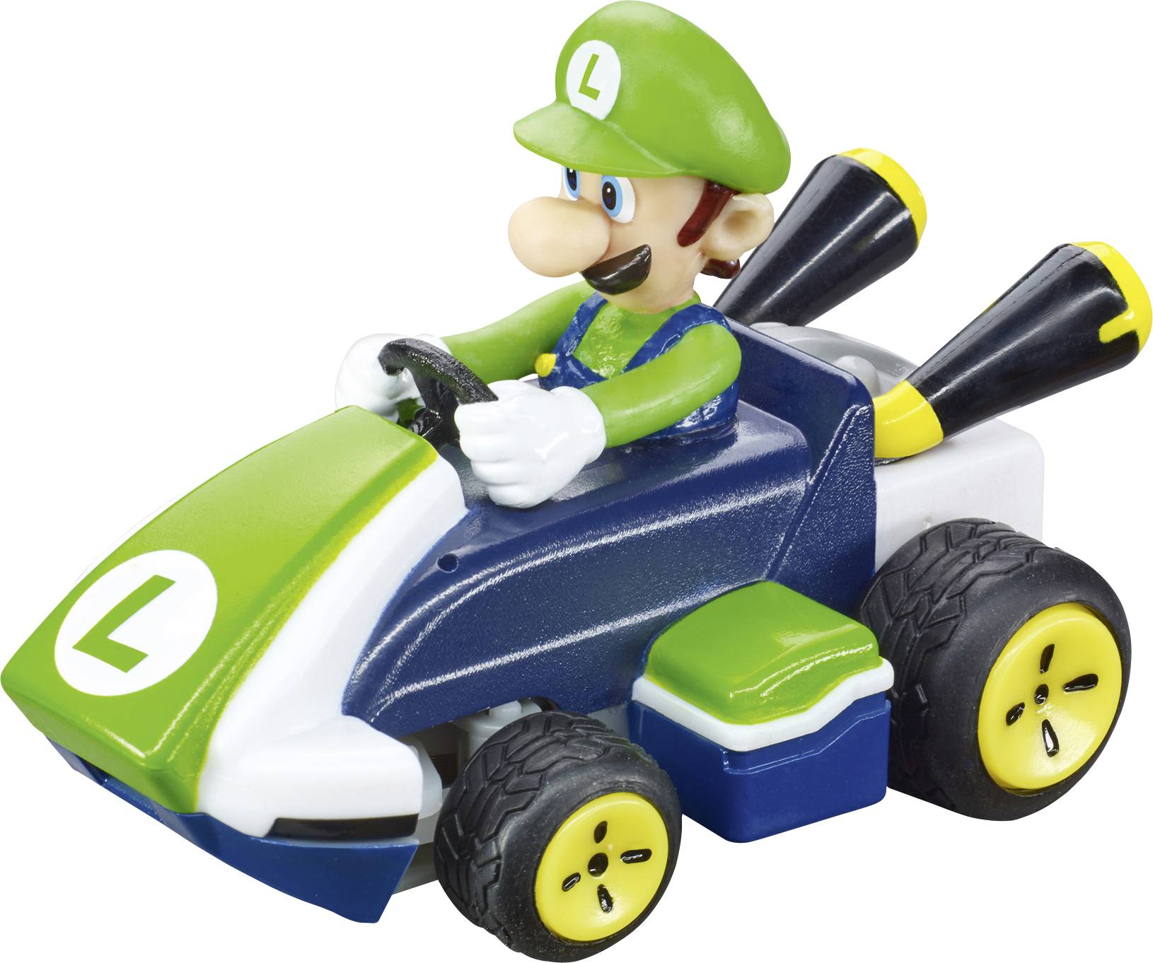 A toy car with a cartoon character wearing green, holding the steering wheel. The car has yellow wheels and black exhaust pipes.