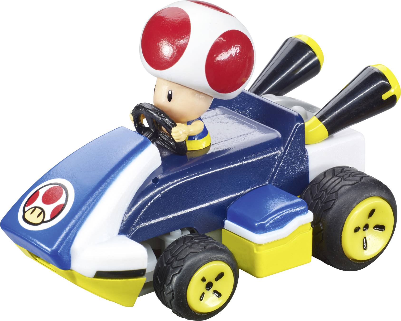 A toy go-kart with a blue body and yellow wheels, featuring a character with a red and white mushroom cap driving.