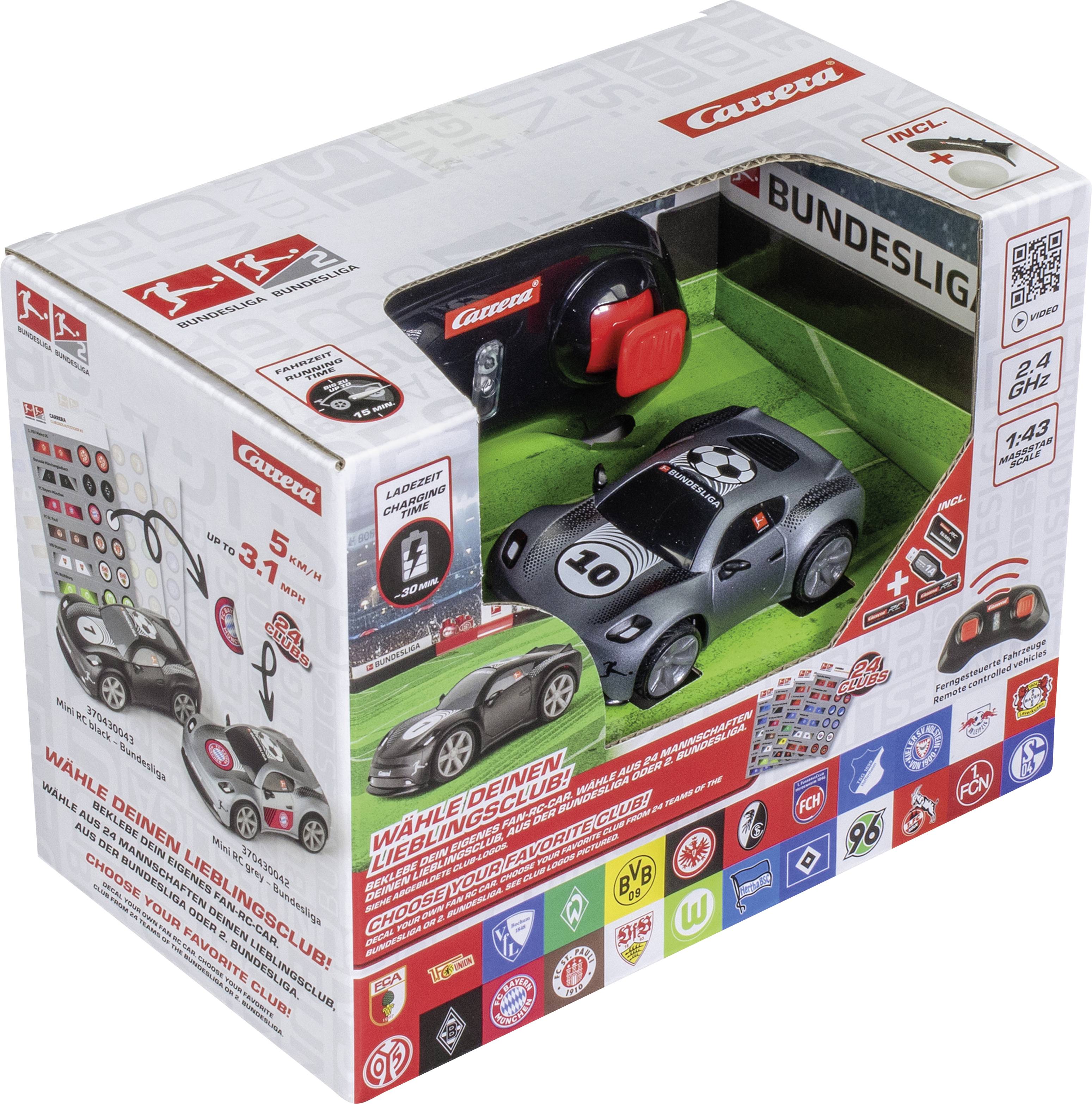 Box containing a toy car with a remote control, featuring a soccer theme and 'Bundesliga' branding. Suitable for ages 5 and up.