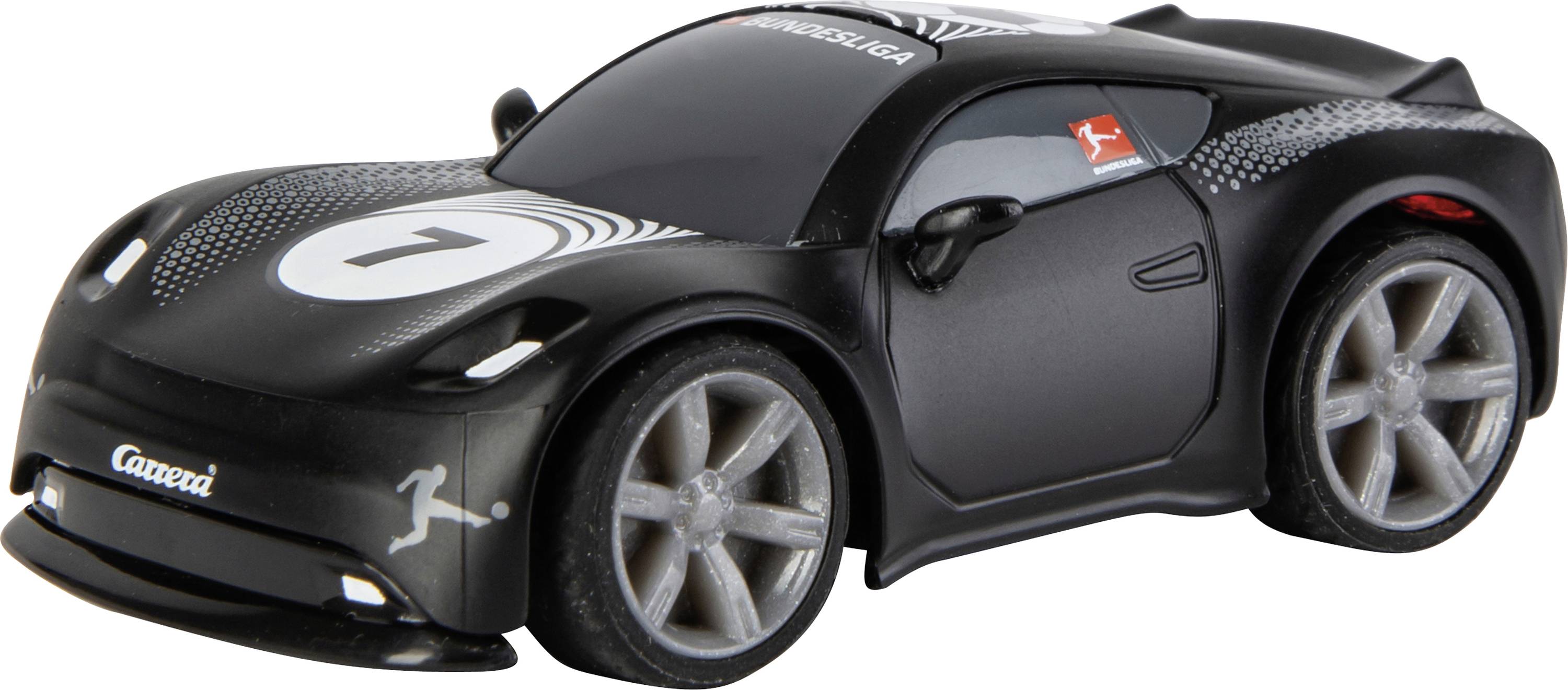 A black toy race car with the number '7' on the hood and a racing emblem on the side, featuring silver rims and a sleek design.