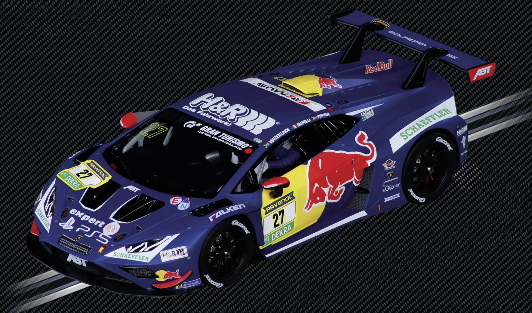 A blue race car with a large yellow and red bull logo seen from above, displaying the number 27 on a track, showcasing various sponsor logos.