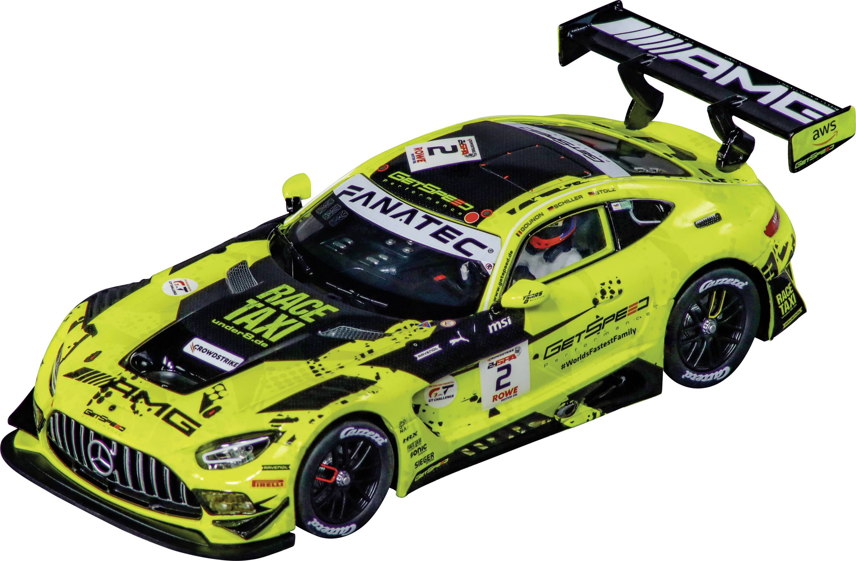 A bright yellow race car featuring black details, 'RACE TAXI' text, a large rear spoiler, and various sponsor logos on the body.